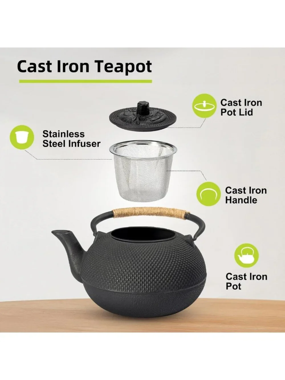 Elegant Cast Iron Teapot with Stainless Steel Infuser - 30 oz, Stovetop Safe